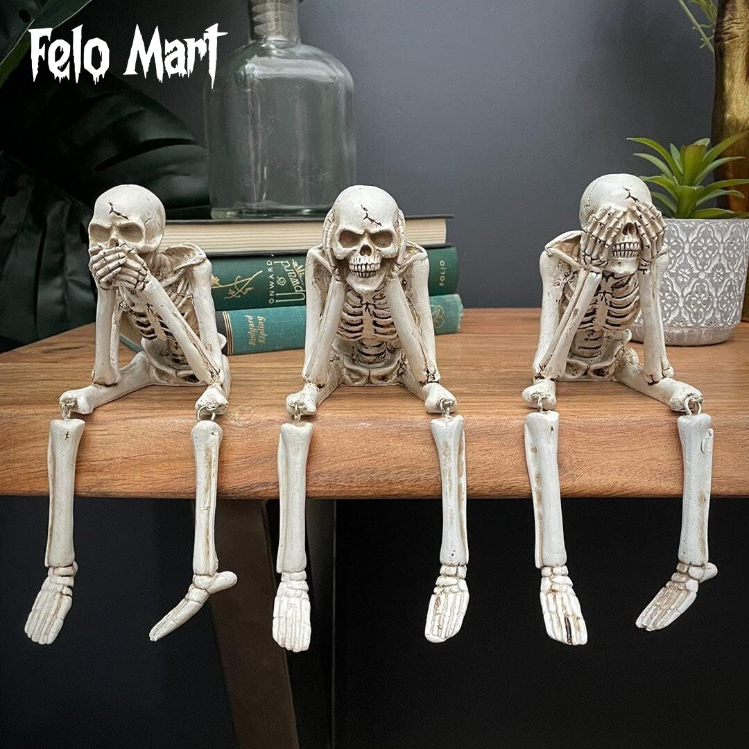 3 Skeleton Figurines No See Hear Speak Resin Gothic Skeleton Statues with Movable Legs