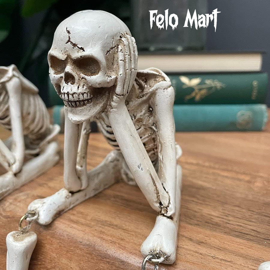 3 Skeleton Figurines No See Hear Speak Resin Gothic Skeleton Statues with Movable Legs