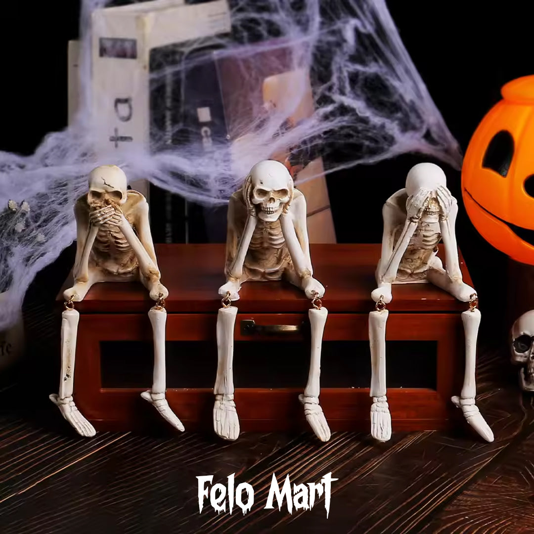3 Skeleton Figurines No See Hear Speak Resin Gothic Skeleton Statues with Movable Legs