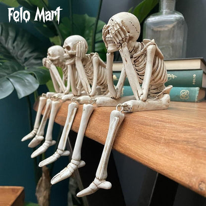 3 Skeleton Figurines No See Hear Speak Resin Gothic Skeleton Statues with Movable Legs