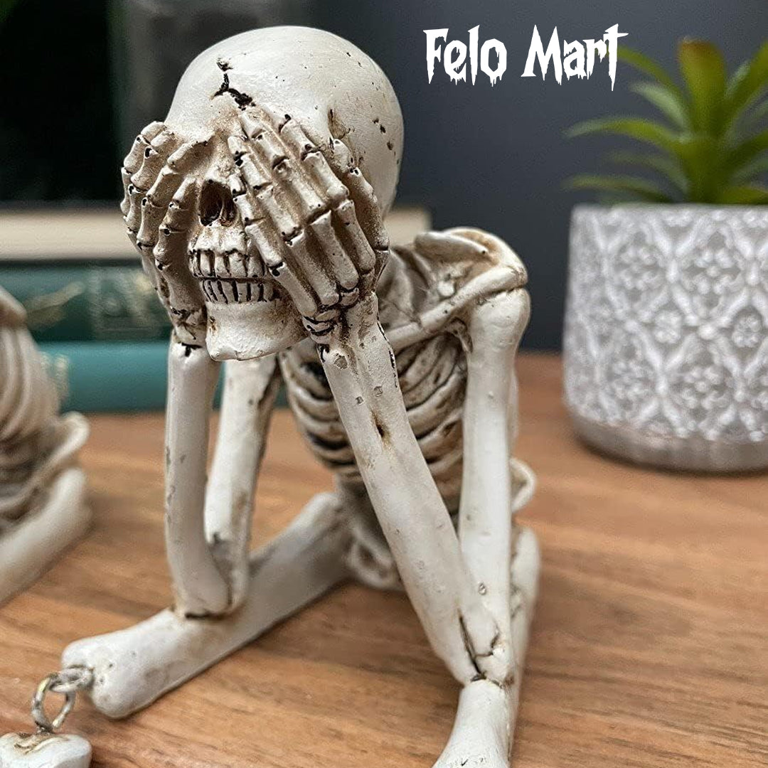 3 Skeleton Figurines No See Hear Speak Resin Gothic Skeleton Statues with Movable Legs